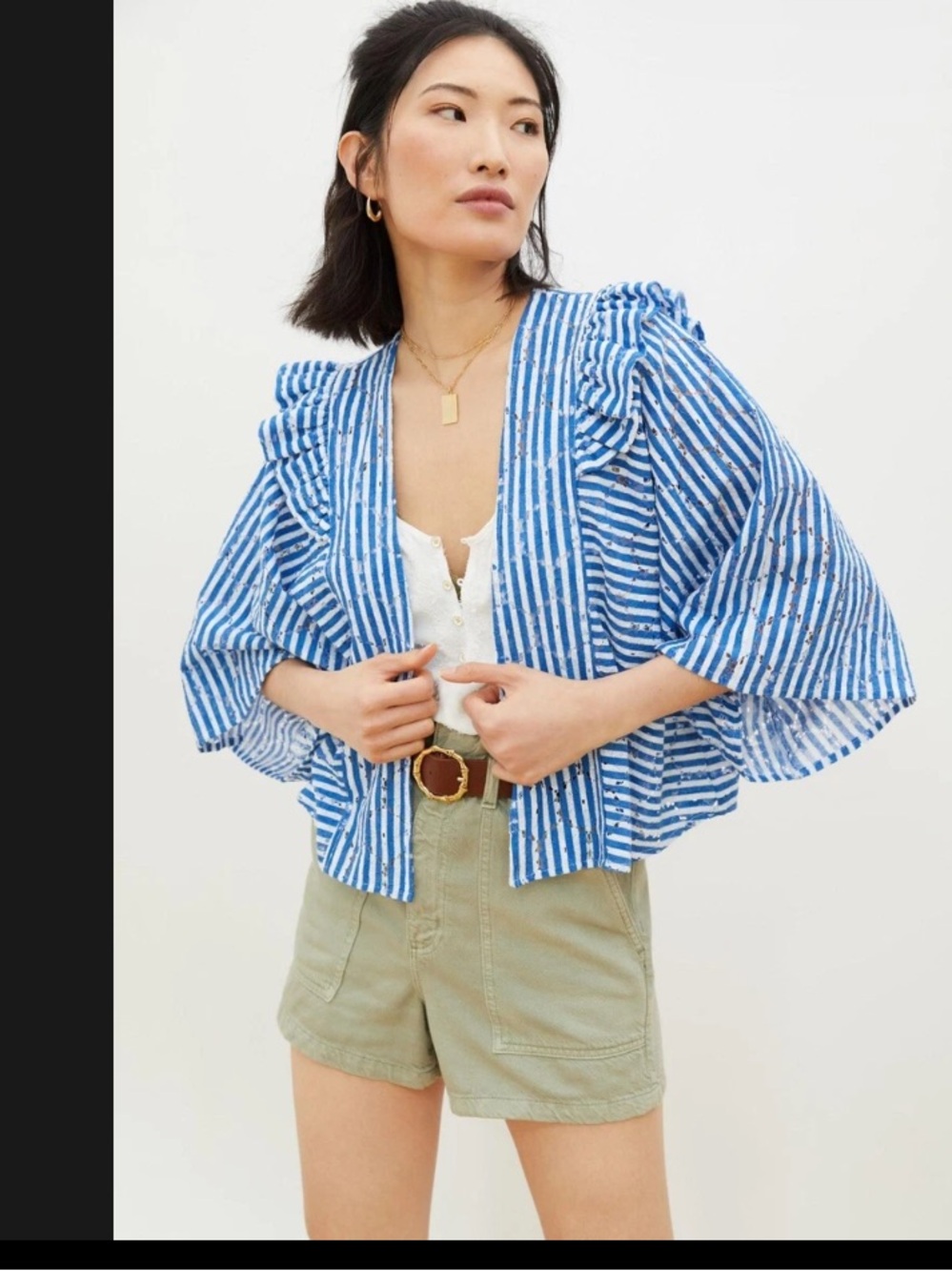 Anthropologie Blue & White Striped Cropped Shrug floral lace one size